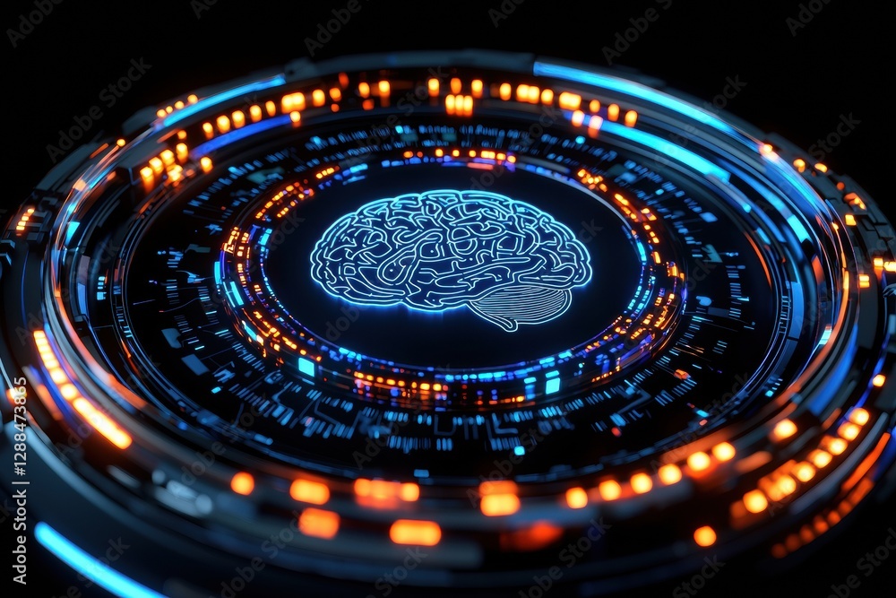 Poster futuristic glowing brain representing artificial intelligence and machine learning
