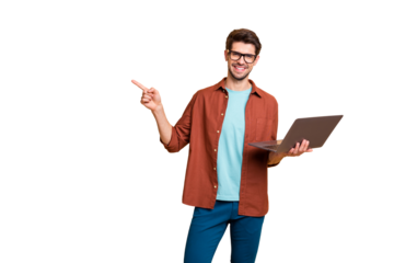 Portrait of his he nice attractive cheerful cheery successful brunet guy holding in hands laptop pointing forefinger follow subscribe ad advert solution isolated over beige color pastel background