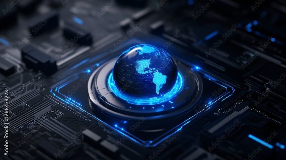 Poster futuristic earth globe in abstract digital backdrop with glowing lines and circuit board elements