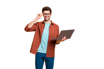 Portrait of his he nice attractive cheerful cheery successful content brunet guy holding in hands...