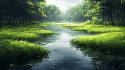 Serene forest stream, misty morning, lush greenery, tranquil scene, nature background