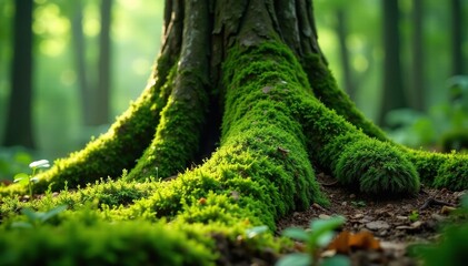 Obraz premium Forest moss thriving on the base of a towering tree, greenery, green, organic