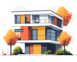 Modern apartment building in the autumn forest. Flat style vector illustration