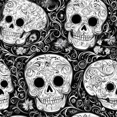 Mexican Sugar skulls Calavera seamless pattern. Background illustration for Dia de Los Muertos, Halloween, Day of Dead