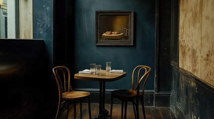 Cozy restaurant nook, intimate table setting, vintage artwork, city backdrop, dining