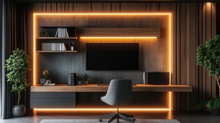 Modern home office, illuminated desk, city view, workspace design