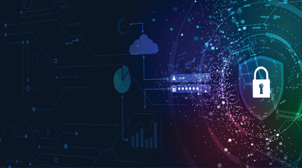 Lock symbol is protecting a data information flow. Cyber security background