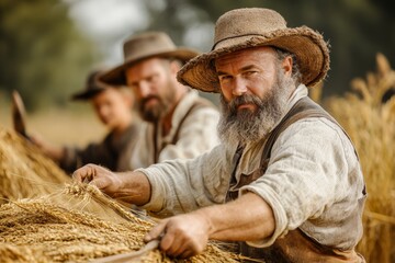 Fototapeta premium Farmers harvesting wheat in a golden field during the warm afternoon sun with traditional equipment