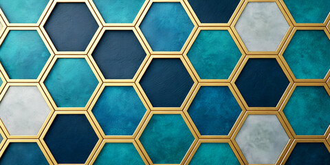 Modern Geometric Texture with Overlapping Teal, Navy, and Gold Hexagons with Metallic Sheen and 3D Effect Background