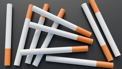 A 3d rendering of cigarettes in a close-up, angled view, showcasing their white bodies and light brown filter tips.