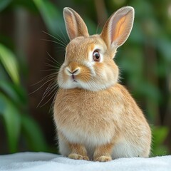 Fototapeta premium Tan rabbit sitting on white surface, green foliage, brown backdrop, bright light