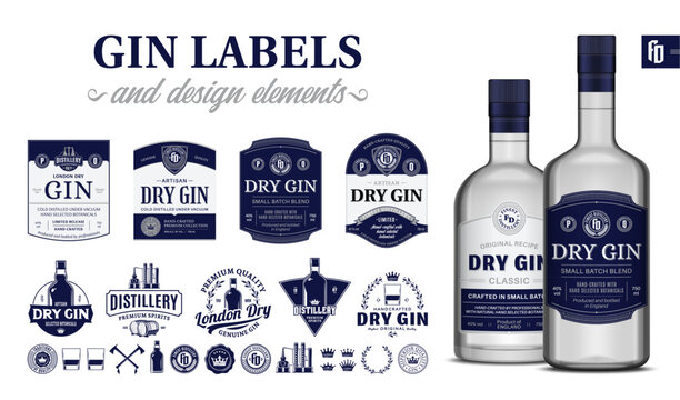 Vector blue and grey premium quality gin labels. Realistic gin glass bottle mockups