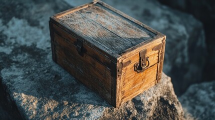 Antique wooden chest, rocks, sunset, mystery, treasure