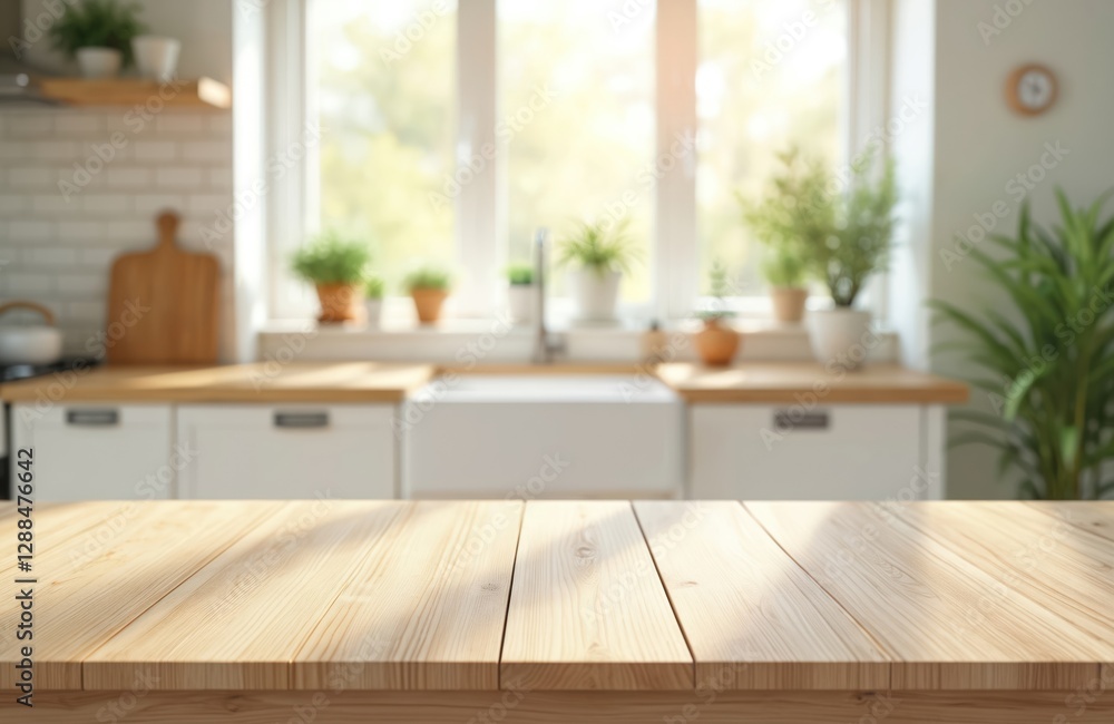 Aufkleber empty wooden table top stands blurred modern kitchen. countertop surface against window with bright 