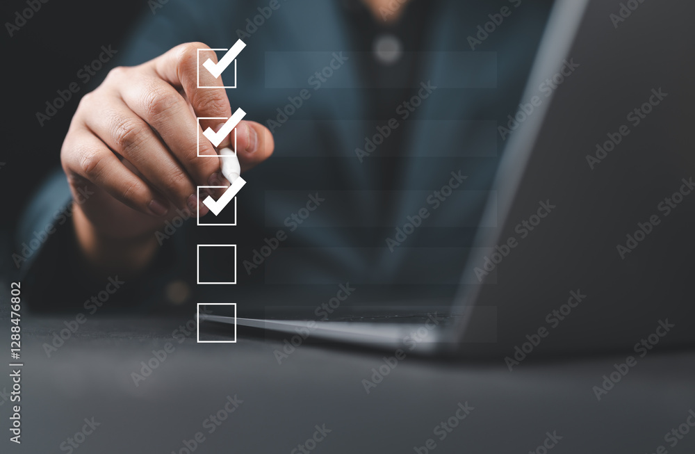 Poster business performance monitoring and evaluation concept, take an assessment, business man using lapto