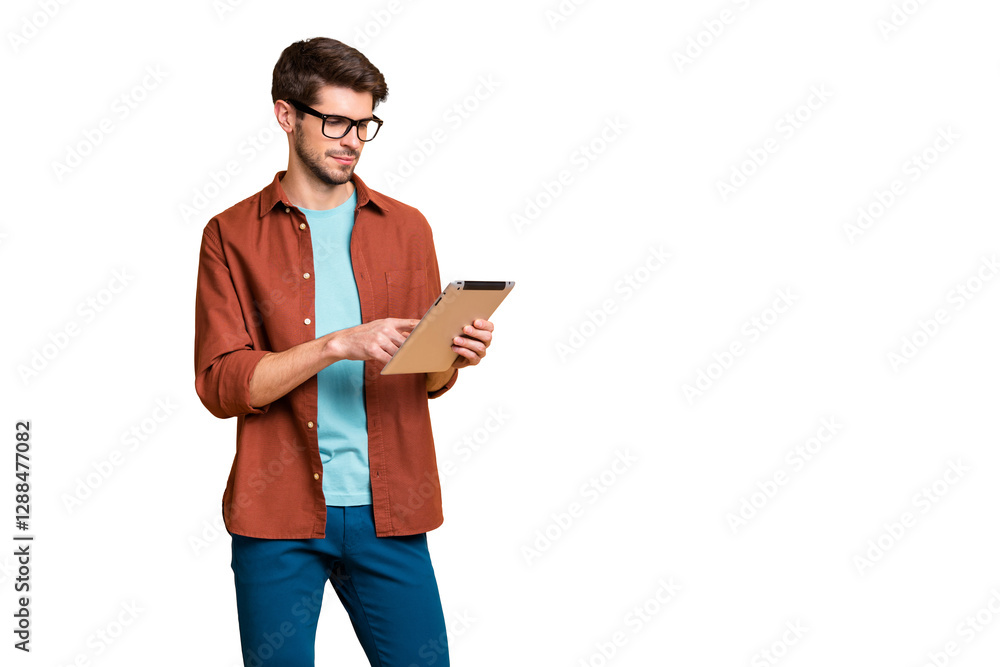 Poster portrait of his he nice attractive calm focused successful content brunet guy holding in hands readi