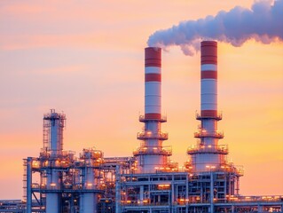 Fototapeta premium A power plant with tall smokestacks emits steam against a colorful sunset sky, highlighting industrial energy production.