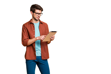 Portrait of his he nice attractive calm focused successful content brunet guy holding in hands...