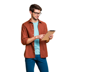 Portrait of his he nice attractive calm focused successful content brunet guy holding in hands reading digital e-book isolated over beige color pastel background