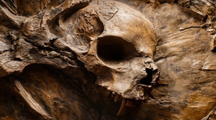 Ancient skull embedded in wood, museum display, dark background, historical artifact