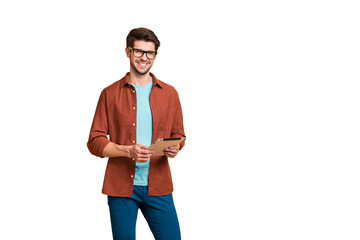 Portrait of his he nice attractive cheerful cheery successful content brunette guy holding in hands...
