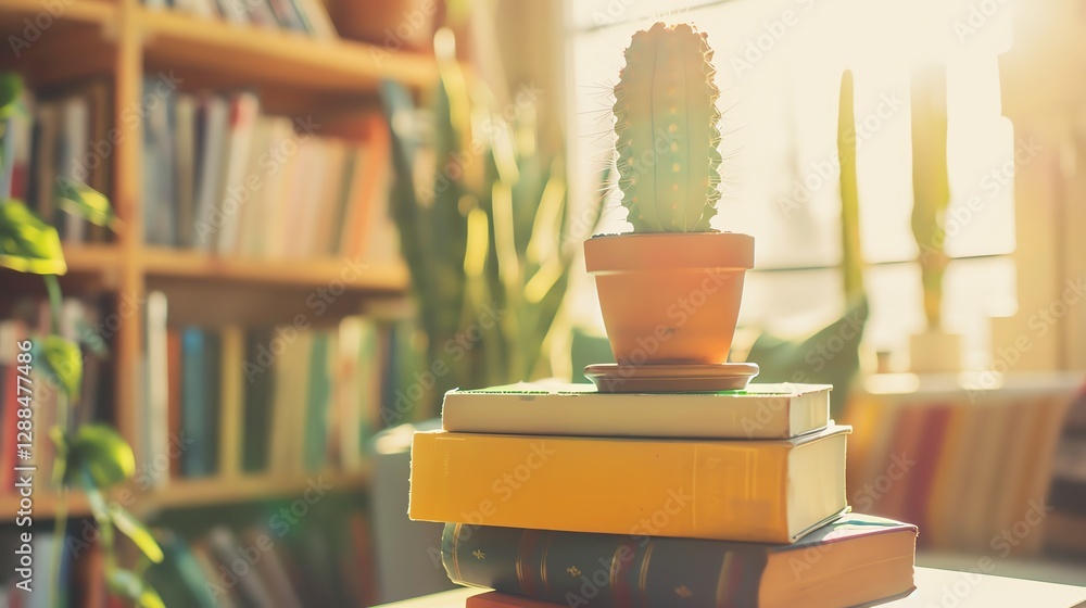 Poster a cactus in a pot sits on top of a stack of books, with a bookshelf and window in the background.