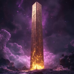 Glowing Obelisk in a Mystical Landscape with Dramatic Clouds