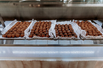 Sweet dessert table hotel restaurant, cafe dining room sell various delicacies