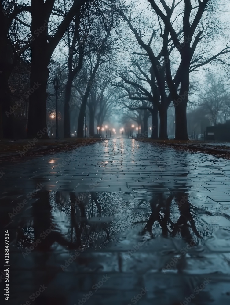 Poster a peaceful scene where tree branches reflect vividly on a damp brick road, with gentle ripples addin