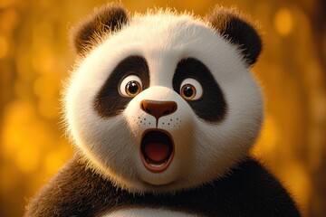 Obraz premium Animated Panda with Open Mouth Expressing Surprise in a Blurry Forest Background