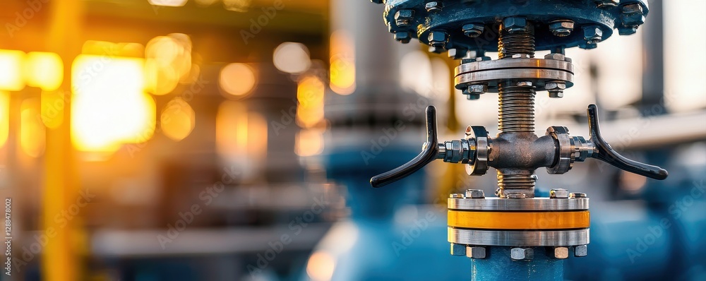 Poster a close-up of a valve in an industrial setting, illuminated by sunset, highlighting its metallic str