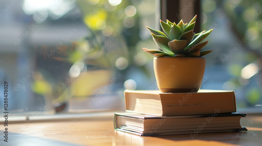 Poster A potted succulent sits on top of a stack of books on a wooden table in front of a window.