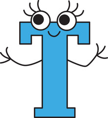 capital smiling letter T with eyes with eyelashes raised its hands