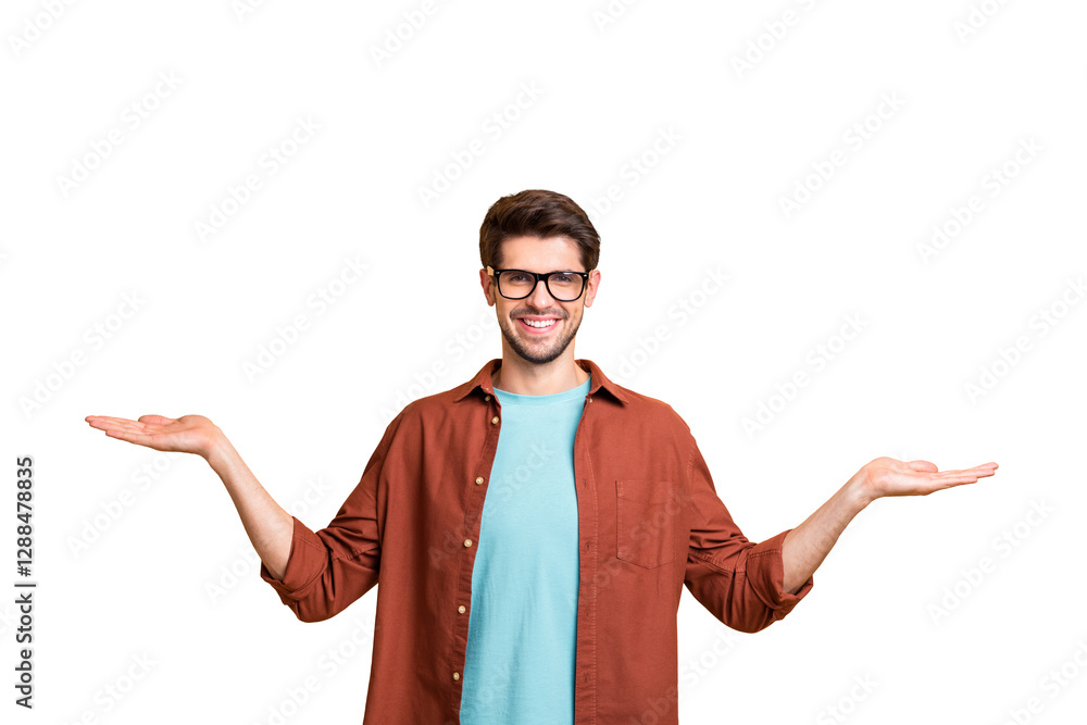 Poster portrait of his he nice attractive cheerful cheery glad successful content brunet guy holding copy s
