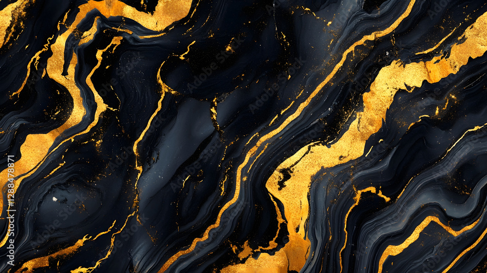Aufkleber Striking abstract artwork featuring fluid dynamic patterns and swirls in rich golden and black hues  The mesmerizing fractal like design creates a sense of depth and movement evoking a luxurious