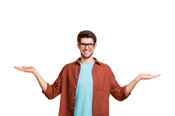 Portrait of his he nice attractive cheerful cheery glad successful content brunet guy holding copy space invisible objects on palms isolated over beige color pastel background