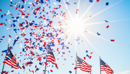 Fototapeta premium Red, white, and blue confetti explosion during national holiday, celebration