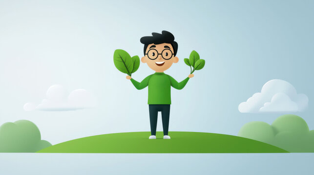 Cheerful eco warrior holding leaves on green hill under bright sky