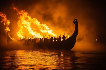 Obraz premium Dramatic Viking ship on fire at night creating a striking silhouette against the dark sky