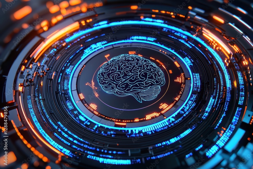 Poster Futuristic artificial intelligence processing data in digital brain interface