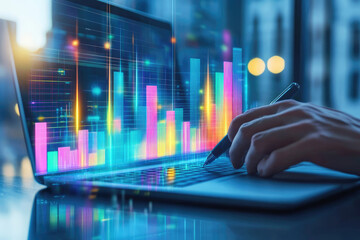 Analyzing Data Trends Neon Bar Graph on Laptop Screen