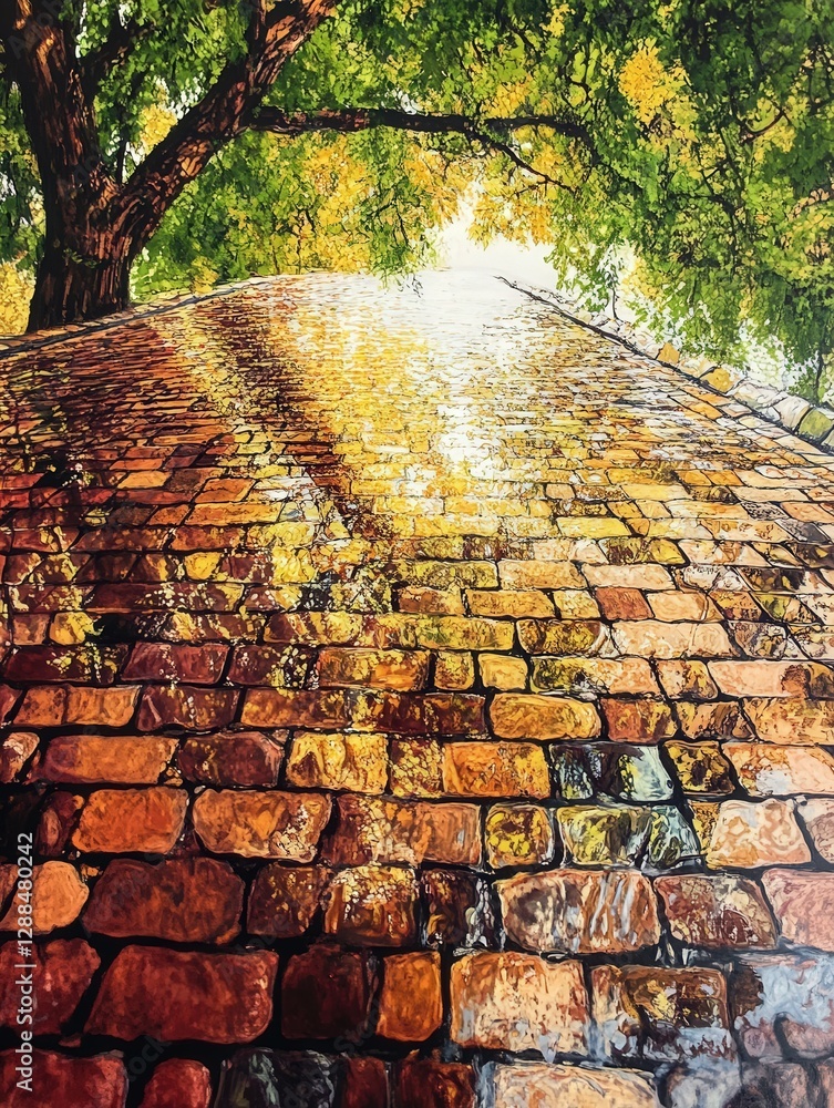 Poster a tranquil brick road reflecting the patterns of tree branches above, the interplay of water and lig