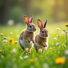 Fototapeta premium Adorable Hare Leaping Duo in a Pastoral Setting