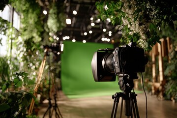 A green screen set in a TV studio is equipped with a video camera, a monitor, and an array of lighting equipment on tripods for video production or live broadcasting