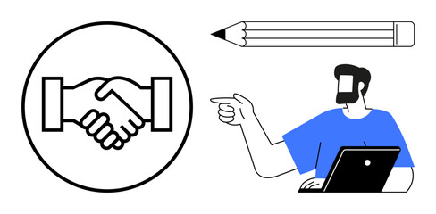 Handshake within a circle signifying partnership, a pencil symbolizing creativity, and a man with a laptop pointing. Ideal for teamwork, collaboration, creativity, partnerships, brainstorming