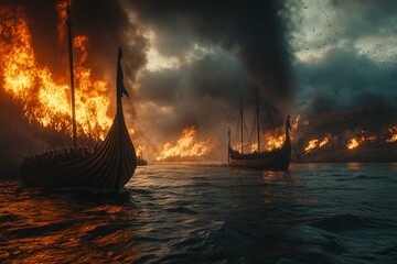 Obraz premium Dramatic Viking longships navigate through fiery waters during a fierce battle scene at dusk