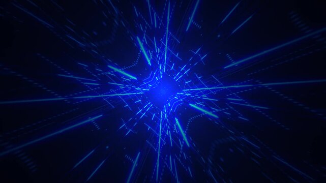 A futuristic blue grid network of blinking digital data lights and floating particles. Connectivity and connections concept technology motion background animation.