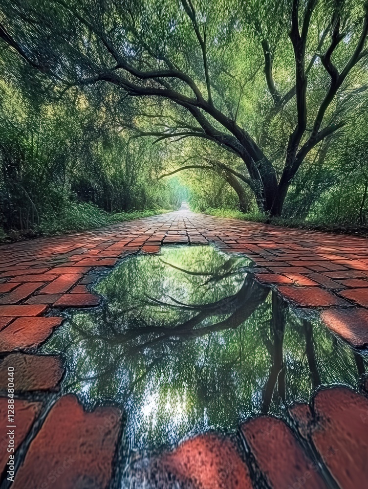 Poster a tranquil brick road reflecting the patterns of tree branches above, the interplay of water and lig