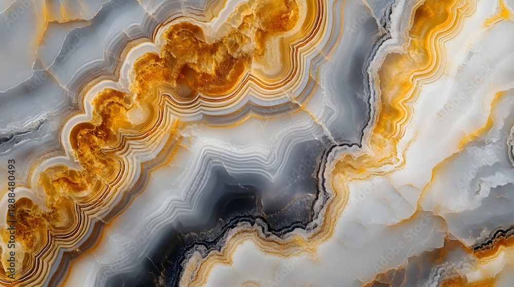 Poster striking banded agate geode with vibrant golden and gray tones showcasing the natural geological pat