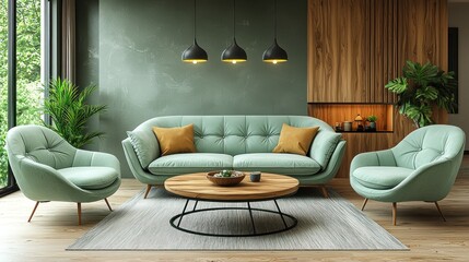 Relaxing living room scene with sofa and armchairs, warm and inviting background